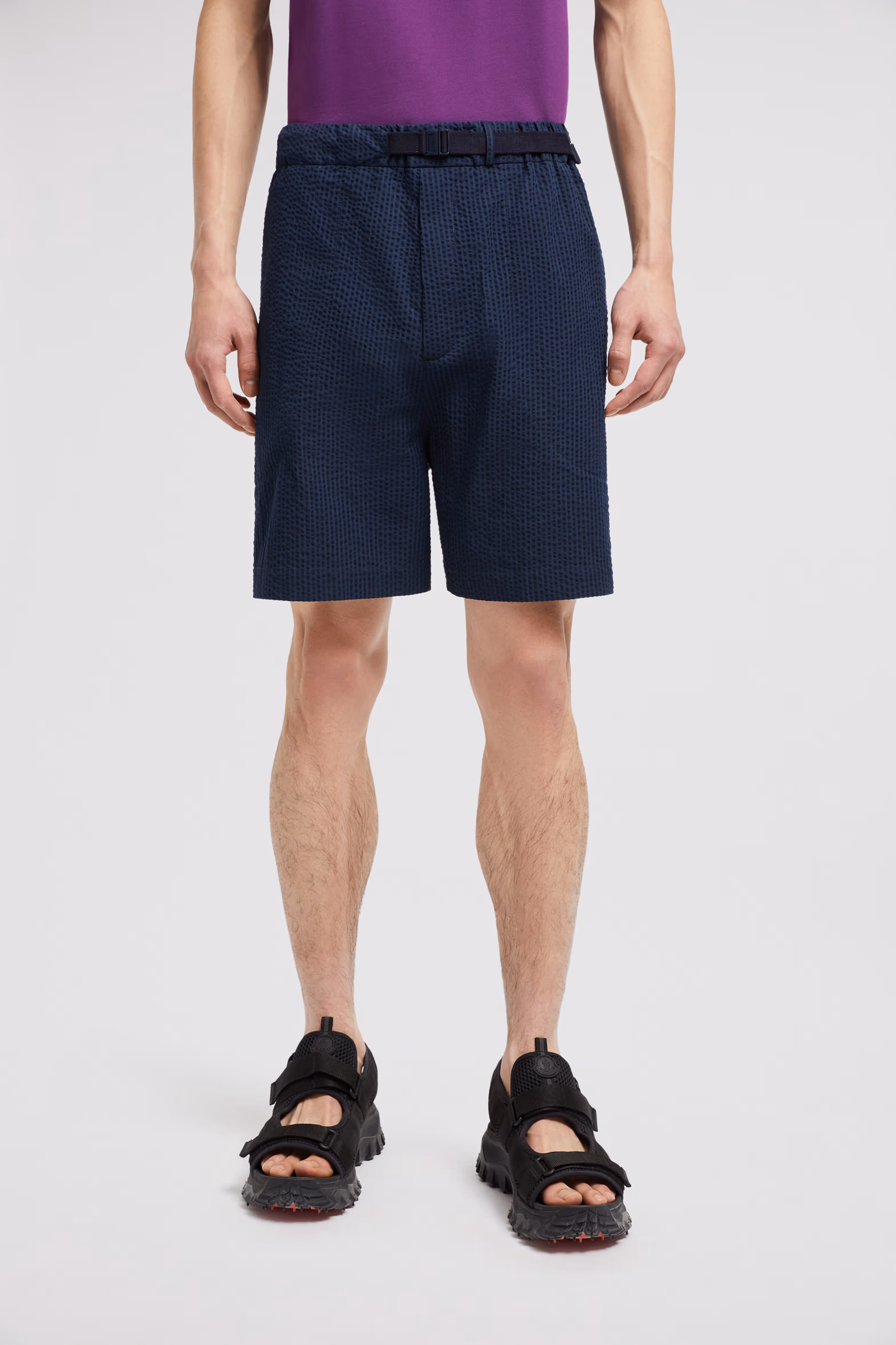 Belted Seersucker Shorts Men Dark Blue Moncler 3